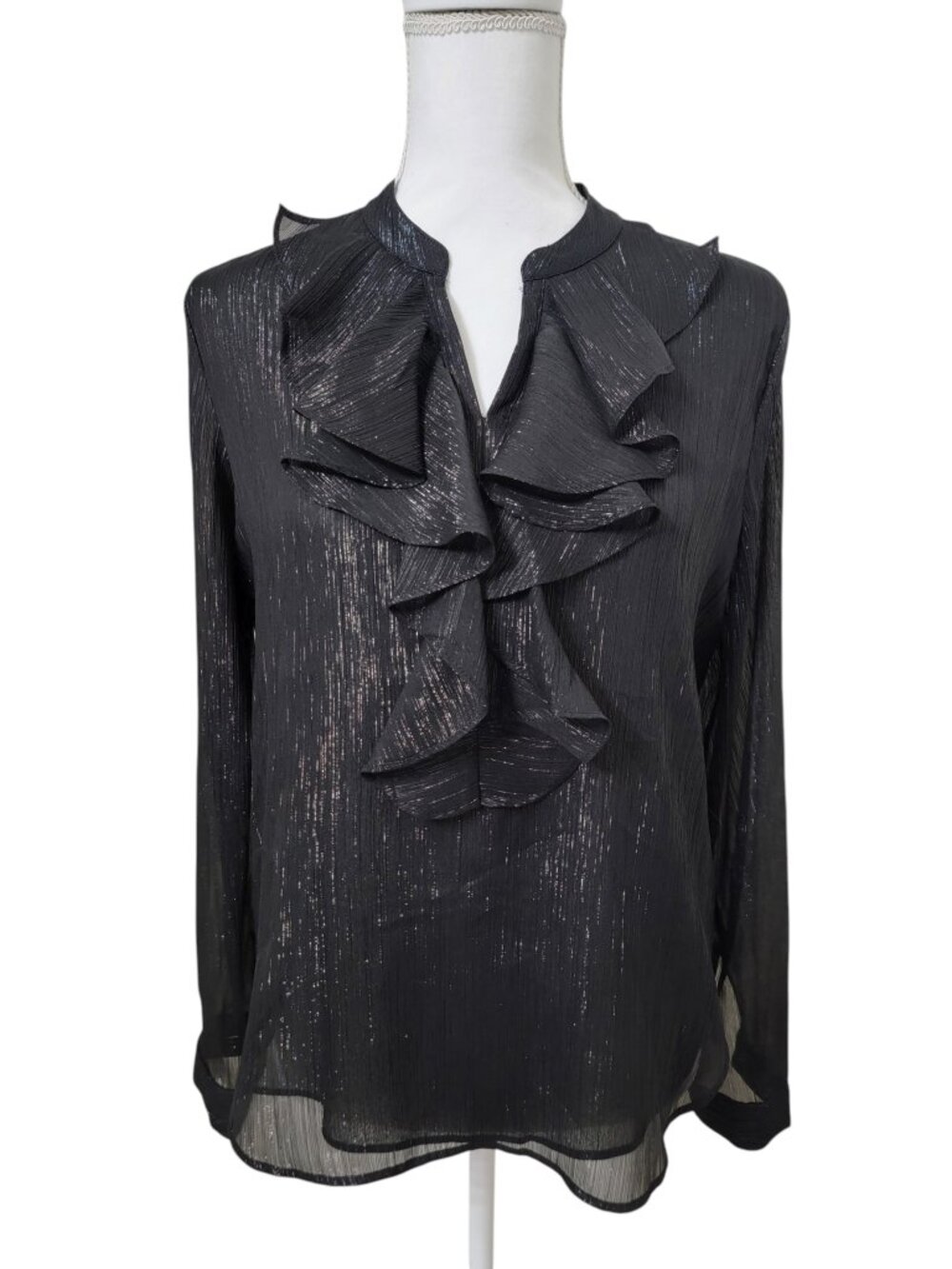 Tommy Hilfiger Size S Black with Silver Metallic Ruffled V-Neck Blouse